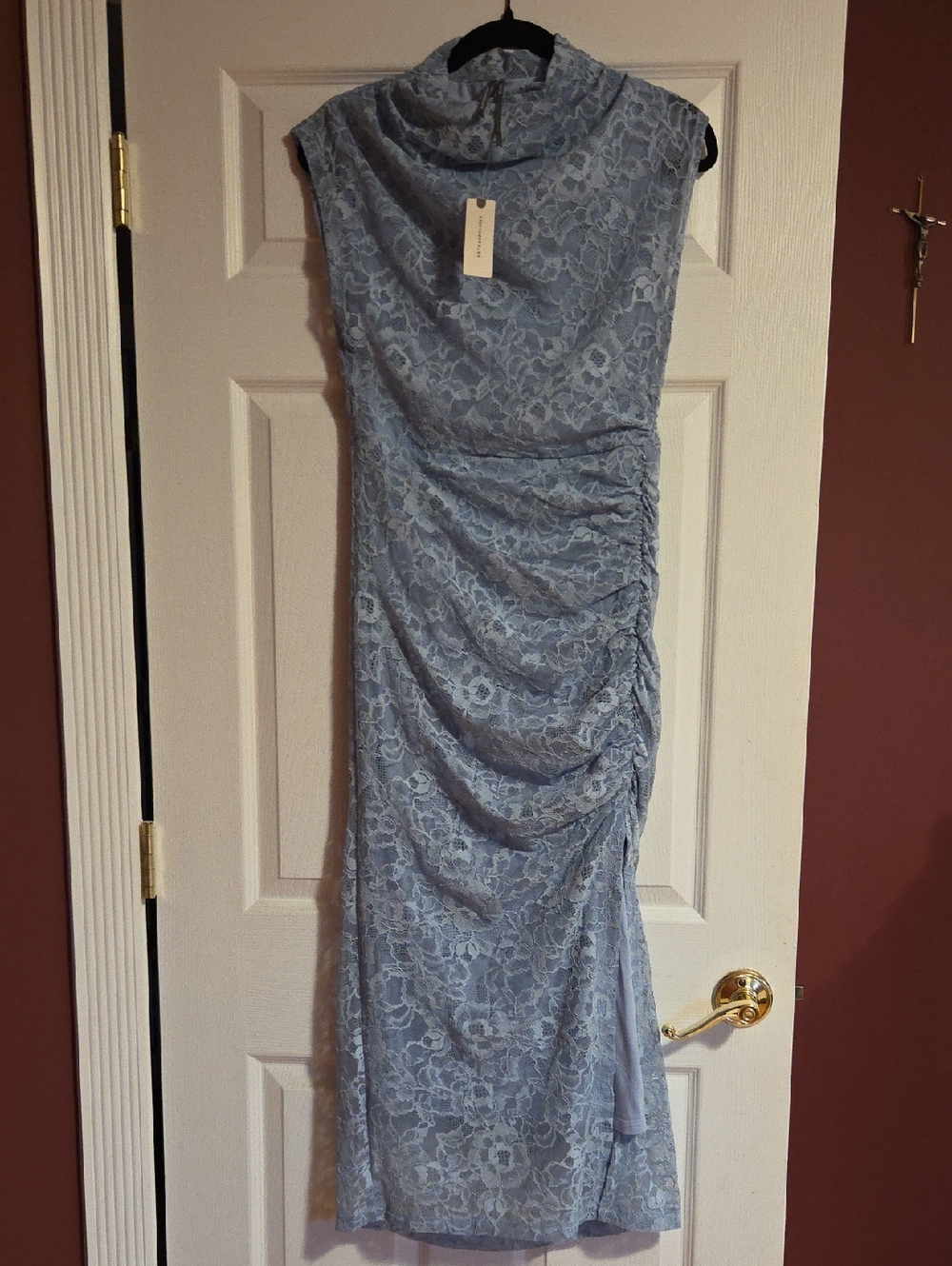 Anthropologie Dusky Blue Lace Midi Dress with Cowl Neck